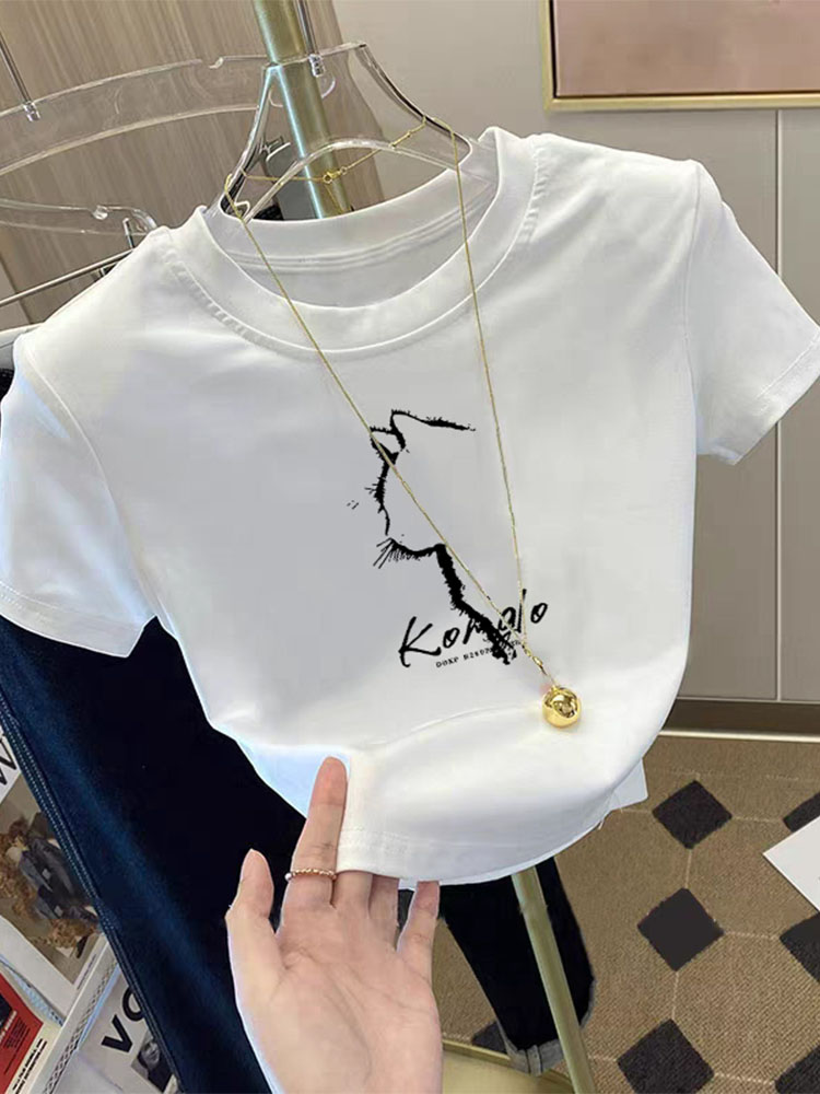 Women's Short Sleeve T-Shirt Women's White round Neck Shoulder Summer Sexy Silm Slim Looking High Waist Crop Top