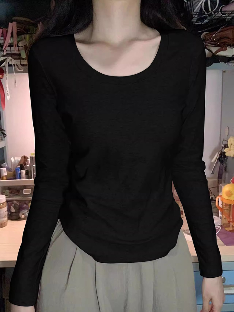 Waist-Tight Stylish Shoulder Long Sleeves T-shirt Women's 2025 Autumn Ruched Silm Inner Bottoming Shirt Pure Cotton Short Top