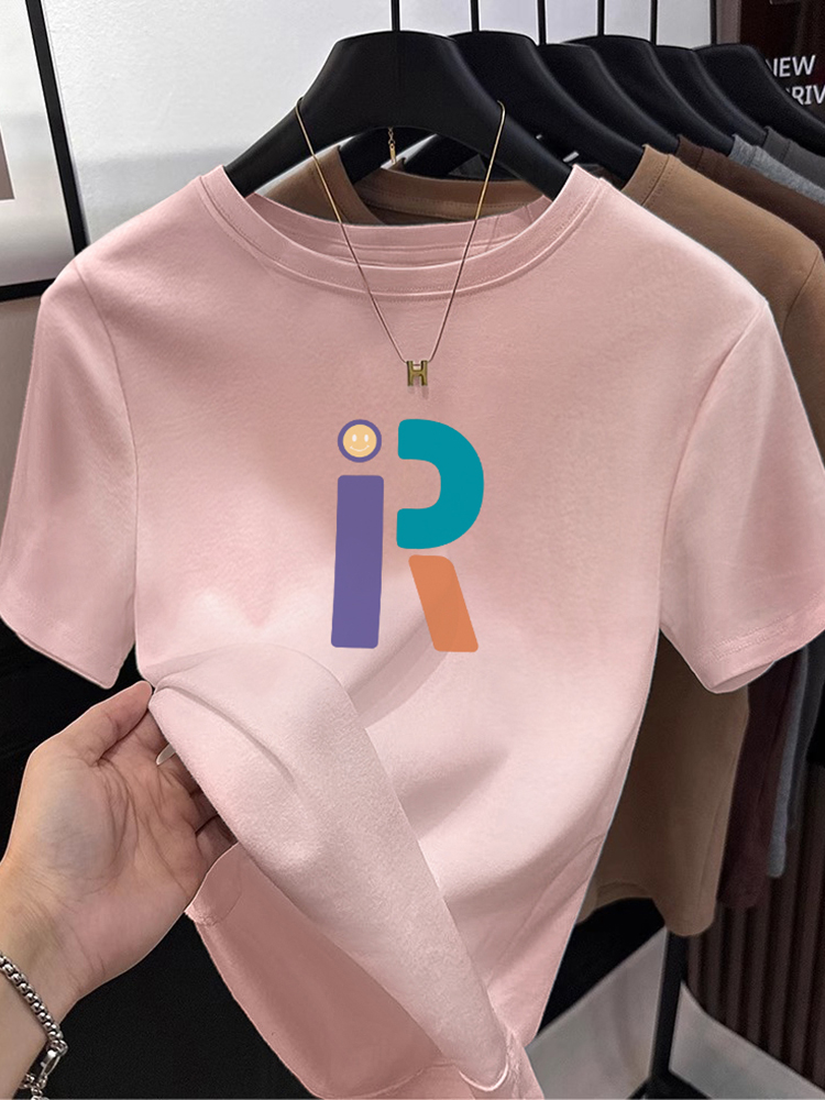 Shoulder Short Sleeve Pink T-Shirt Women's Summer Spring & Fall Inner Bottoming Shirt Pure Cotton Short Slimming Youthful-Looking Easiest for Match Tops