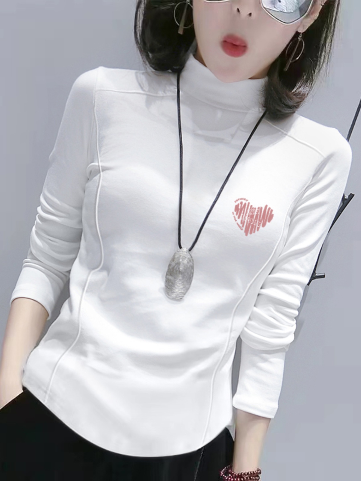 2025 Early Autumn New Arrival Half-High Collar Long Sleeves Bottoming Shirt Women's White Irregularly Slimming Brushed Inner Wear 100% Cotton Coat