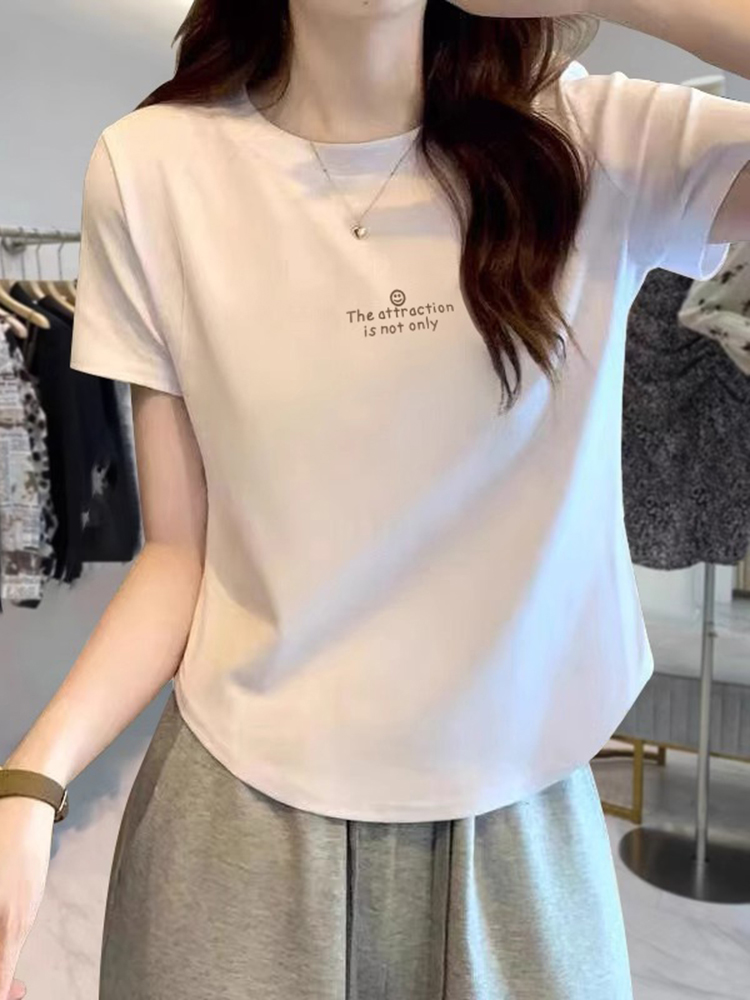 European Goods Shoulder T-Shirt Women's Short-Sleeved Summer Wear 2025 New Arrival Pure Cotton Asymmetrical Curved Short Petite Top Fashion
