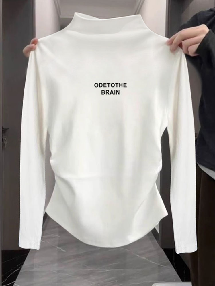 Women's Shoulder Bottoming Shirt Short Sexy Inner Wear Autumn and Winter Half-High Collar White Long Sleeves Dralon Padded Top Women T-shirt