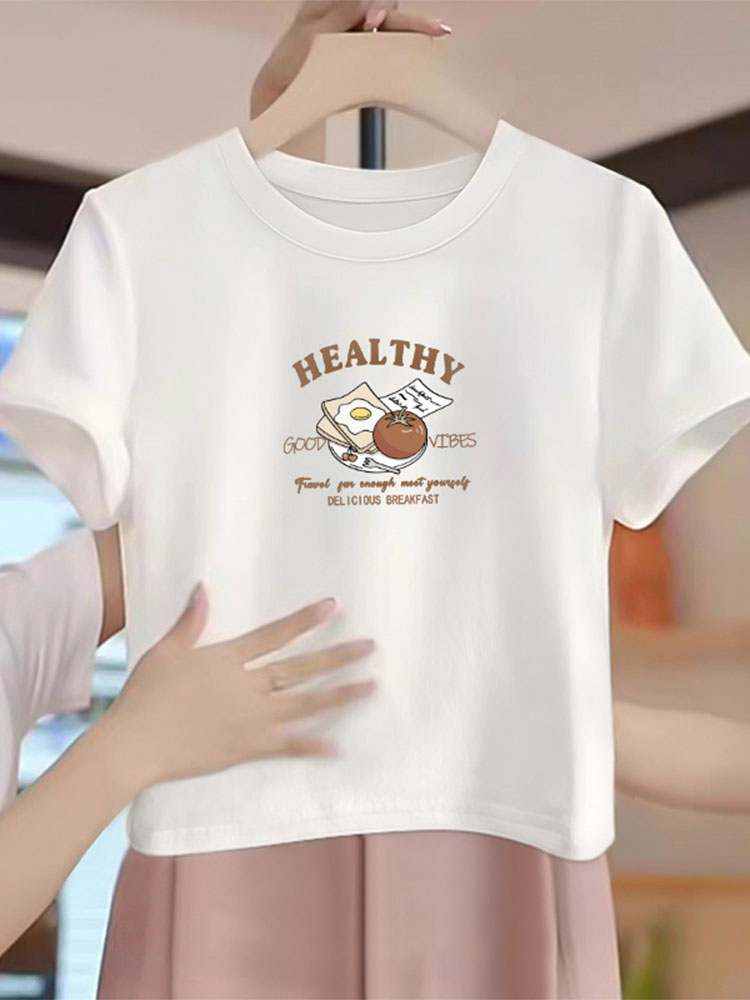 Women's Shoulder round Neck Loose-Fitting Pure Cotton Short Sleeves T-Shirt Women's Clothing Summer Small Short Inner Wear Tops