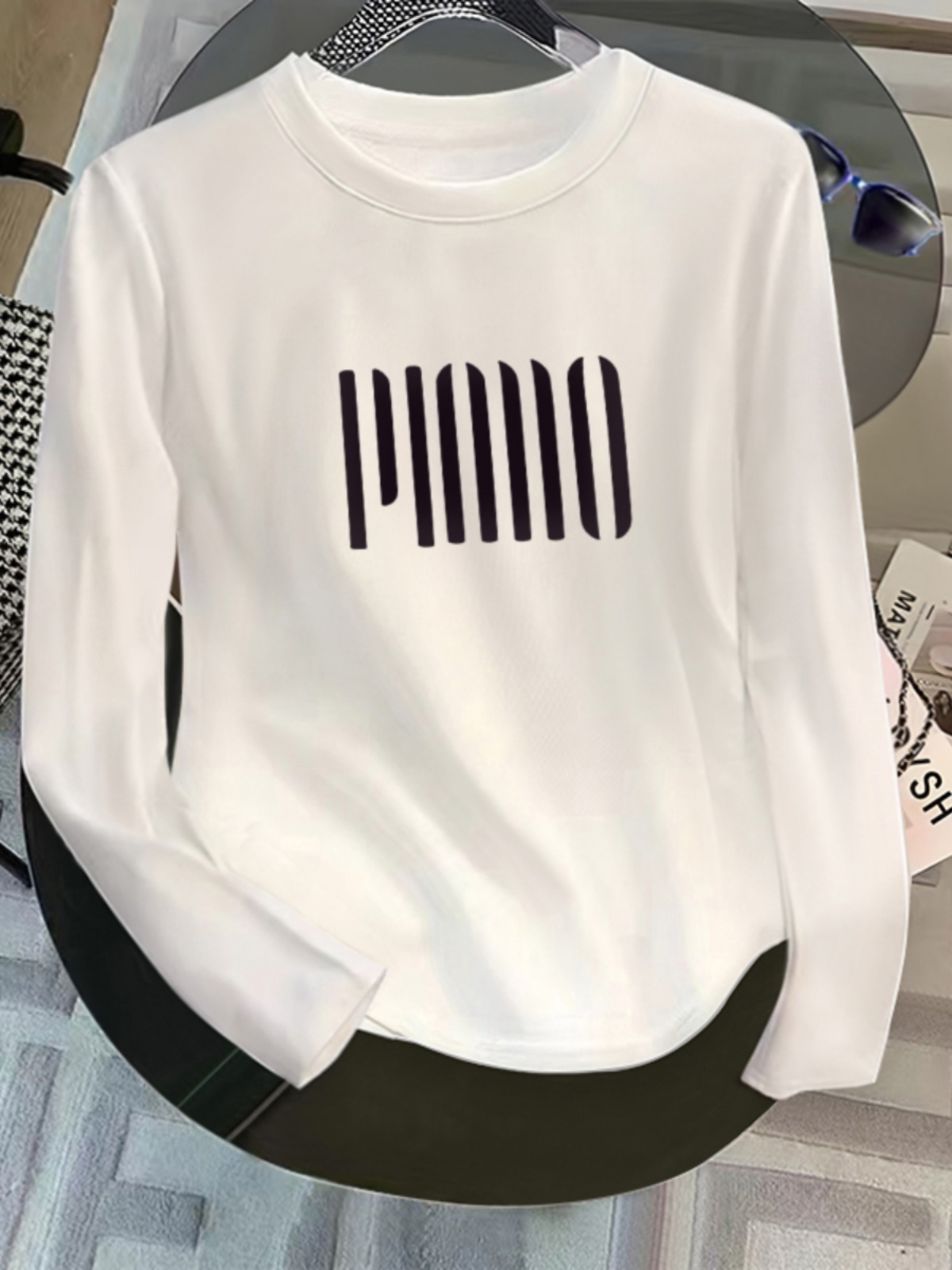 Thirteen Lines Women's White Short T-Shirt Women's Ins Fashion Slimming Long Sleeves Spring & Fall Stylish T-shirt Shoulder Tops