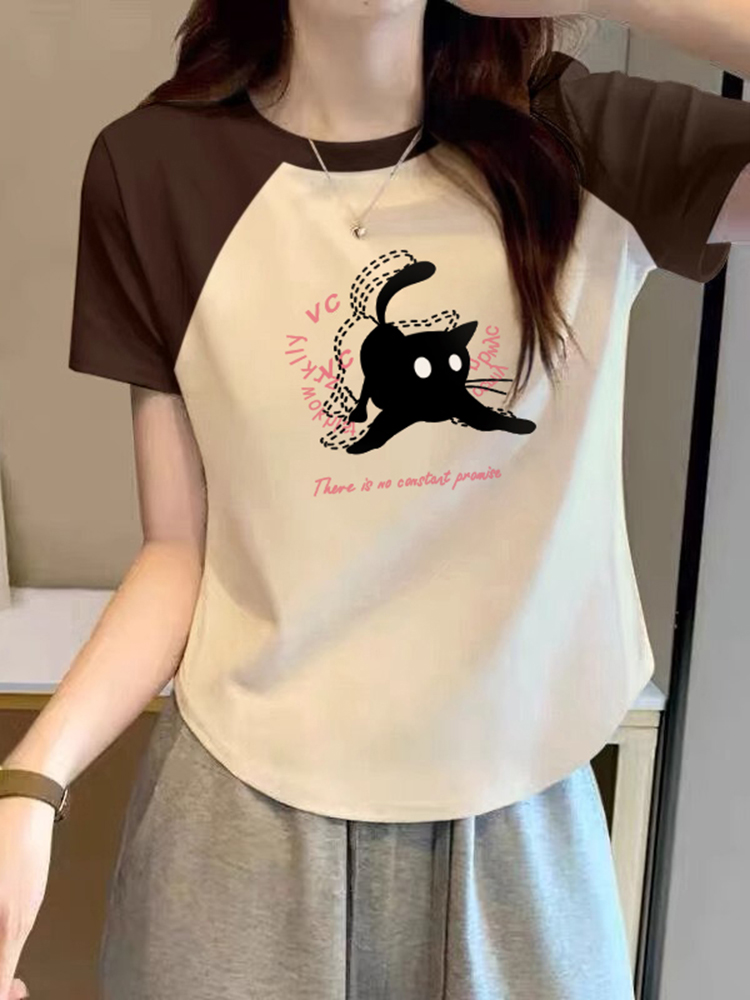 2025 New Stylish Easiest for Match Irregular Top Small Silm Small Shirt Raglan Short Sleeve T-Shirt Women's Summer Ins Fashion