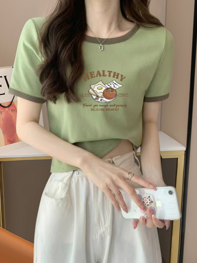 Shoulder T-Shirt Short Sleeve Women's Summer New Arrival Cotton Base Shirt Small Green Inner Wear Unique Short Top Clothes
