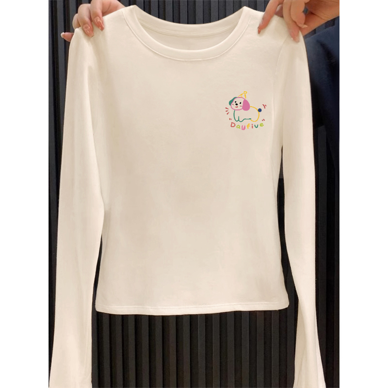 round Neck Long Sleeves T-Shirt Women's Clothing Silm Slimming New Tops inside Cream Color Pure Cotton Short Western Style Shirt