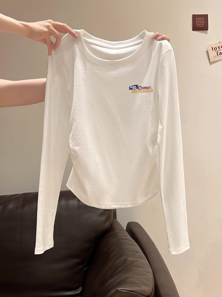 Spring and Autumn Pure Cotton Long Sleeves T-Shirt Women's Asymmetrical Inner Bottoming Shirt Sexy Slim Looking Shoulder Short Tops