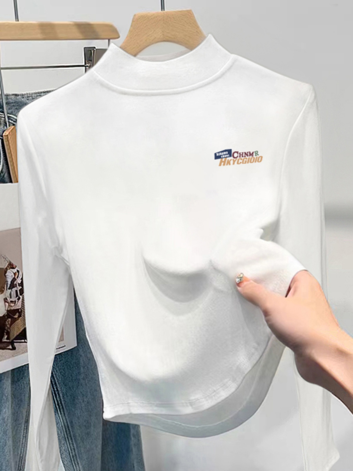 White Dralon Half-High Collar Long Sleeves Women's T-Shirt 2025 New Arrival Autumn and Winter Inner Wear Fleece-lined Silm Bottoming Shirt Tops