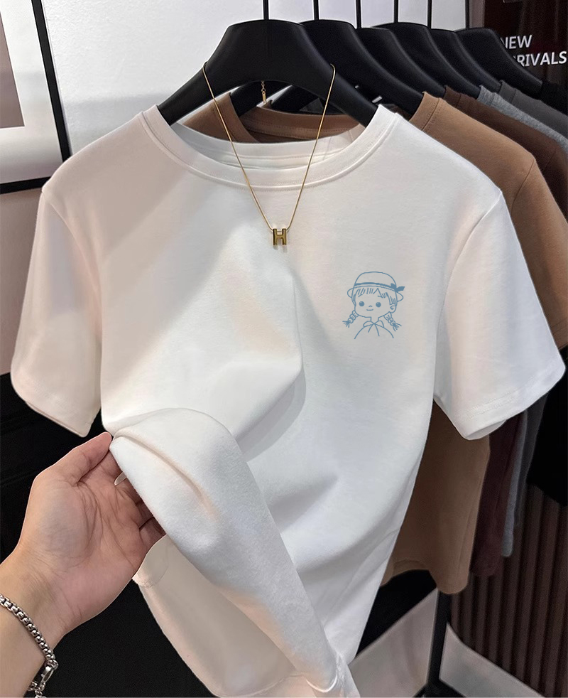 Women's Clothing for Thirteen Rows Pure Cotton Short T-Shirt Women 2025 New Arrival Shoulder Short Sleeve Age-Reducing Summer round Neck All-Matching Tops