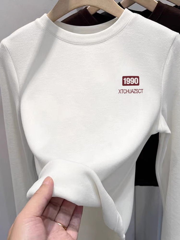 Fleece-lined Thick round Neck Bottoming Shirt Women Autumn and Winter Dralon Inner wear Long sleeves Shirt Warm Slim fit Shoulder Fashion