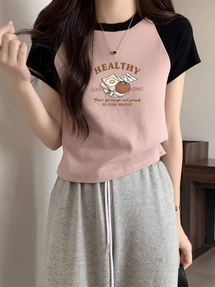 Pure Cotton Shoulder Short Stylish Niche Style Raglan Short Sleeve T-Shirt Women 2025 New Arrival Summer Pink to Make You Younger Tops