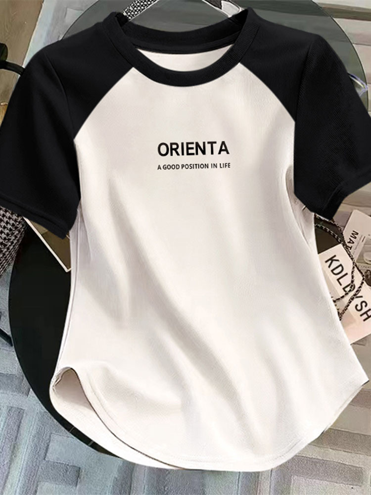 Contrast Color Raglan Short Sleeve T-Shirt Women's Spring and Summer Stylish Niche Style Short Shoulder Small round Neck Slimming Tops
