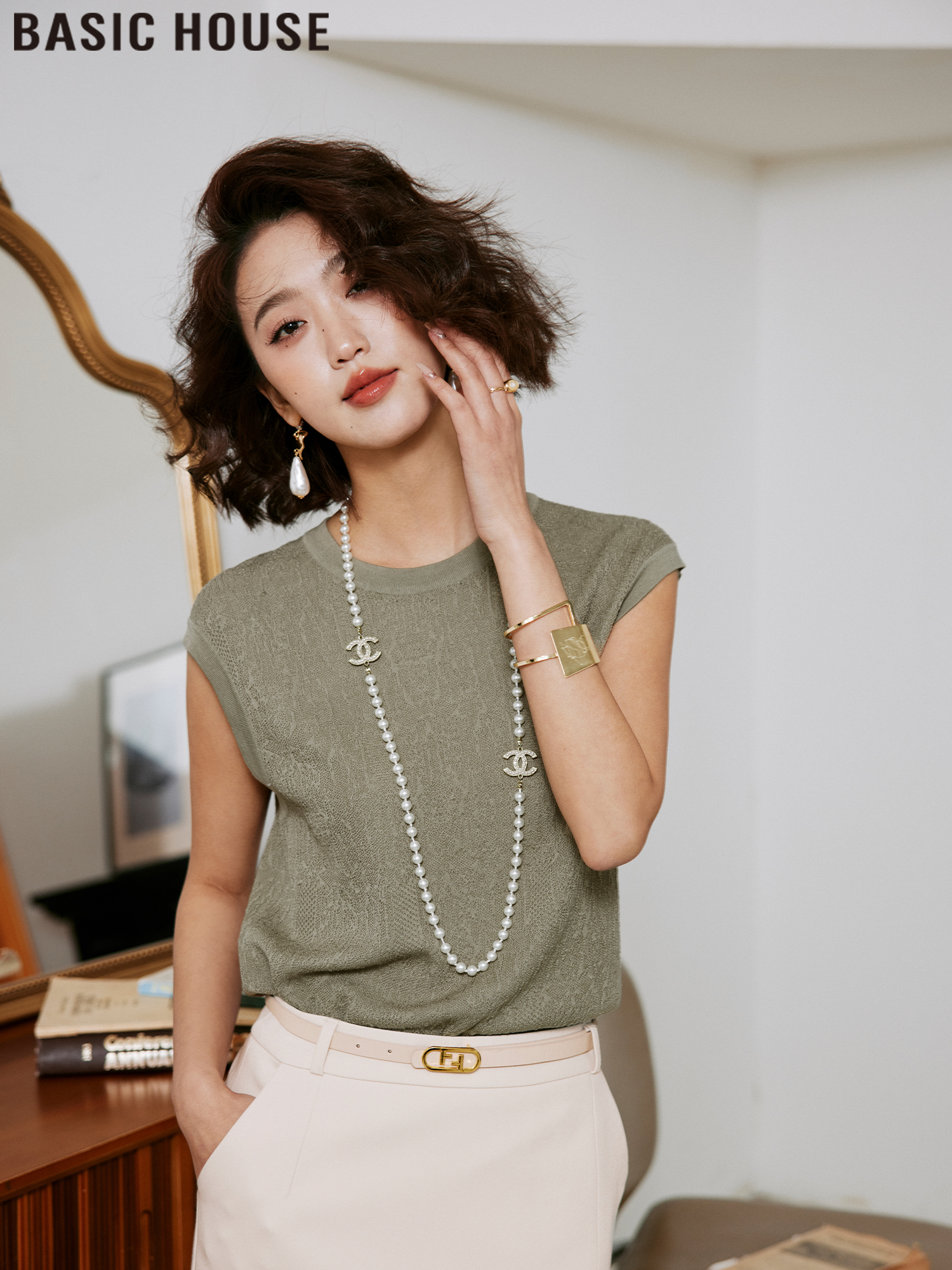 Basic House/Baijiahao Retro Jacquard Flying Sleeves Loose Thin Ice Silk Sweater Tops Women's Summer