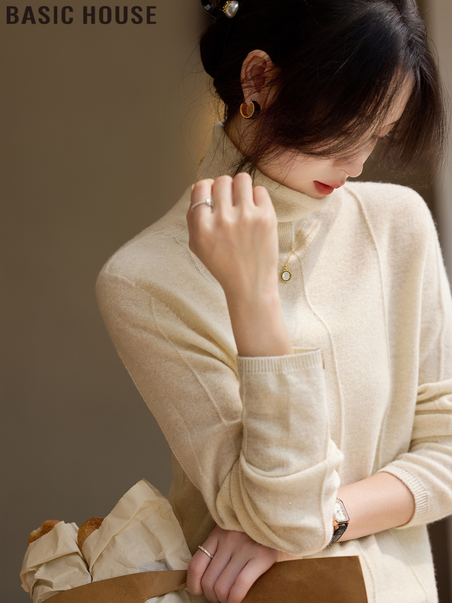 2025 Spring New Women's Basic Turtleneck Lazy Knit Base Layer Top