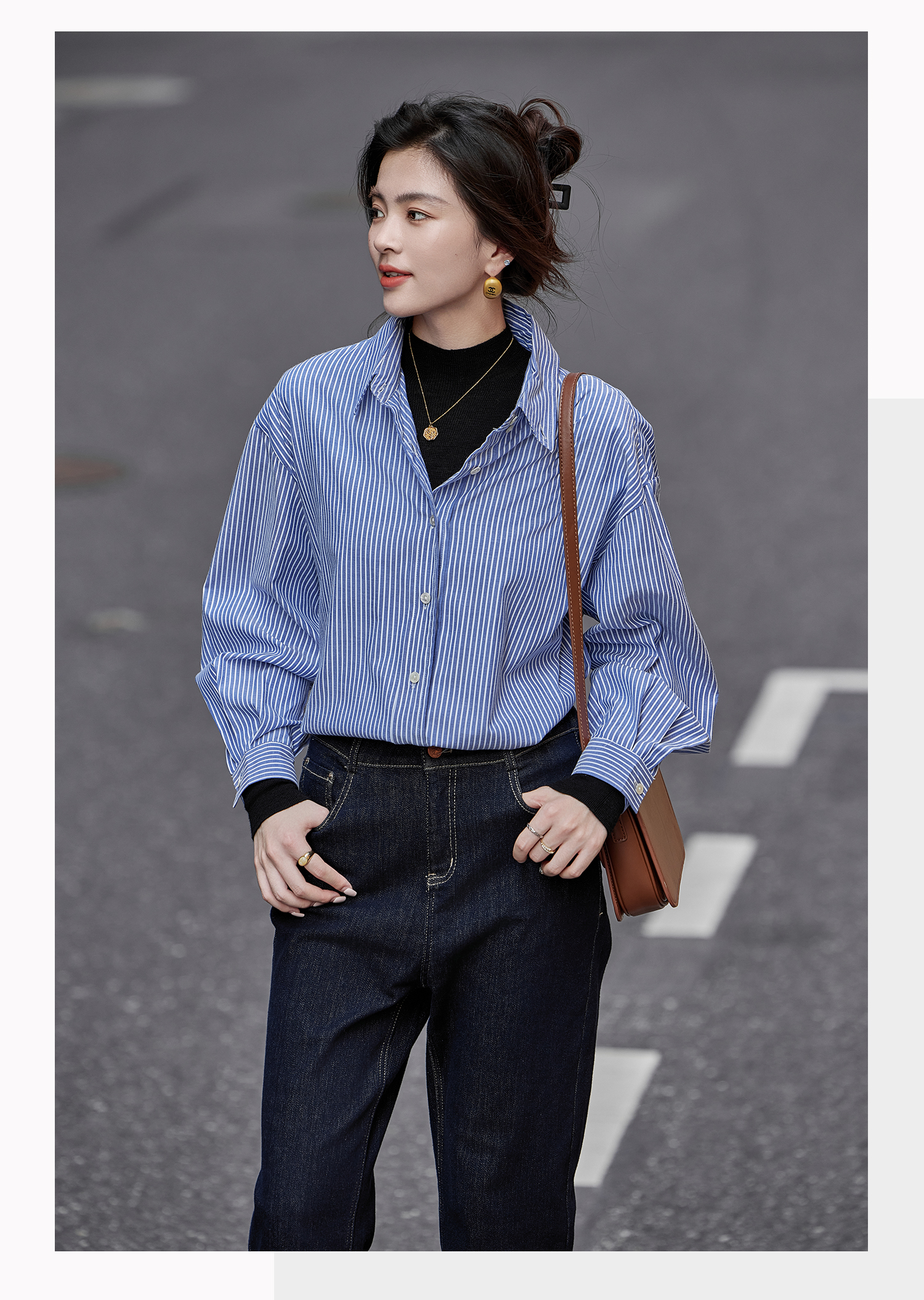 Basic House/Baijiahao Stylish Mid Length Long Length Vintage Striped Shirt Tops Female 2025 Spring New Arrival