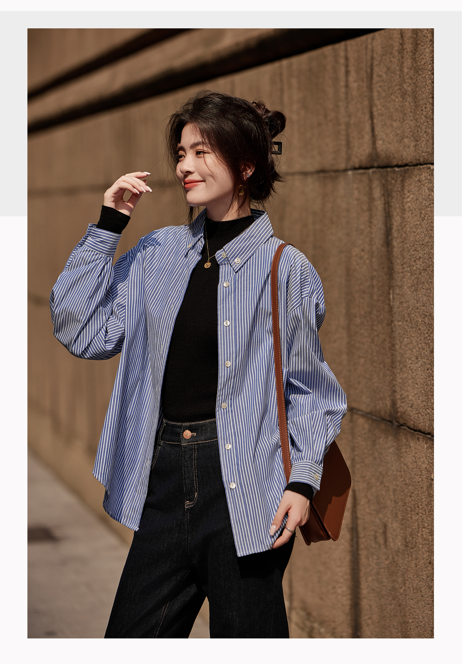Basic House/Baijiahao Stylish Mid Length Long Length Vintage Striped Shirt Tops Female 2025 Spring New Arrival