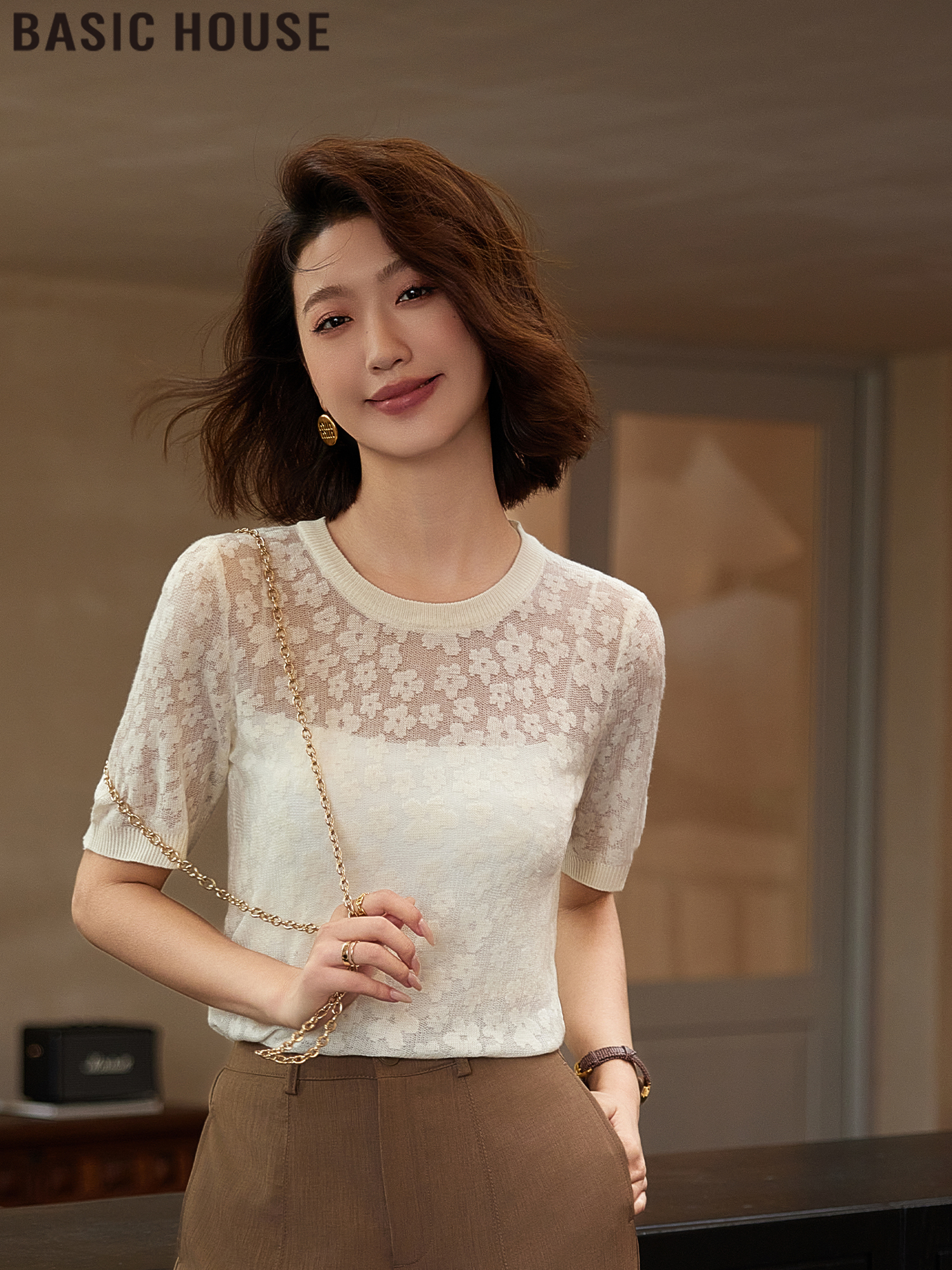 Basic House/Baijiahao Retro Cut Out Jacquard Thin Ice Silk Short Sleeve Knitwear Female 2025 Summer New Arrival