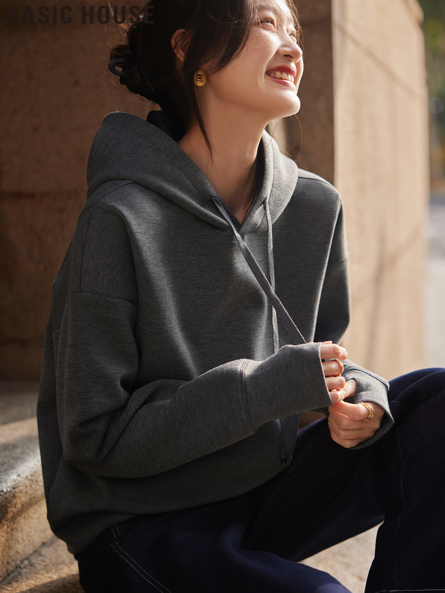 Basic House/Baijiahao Sports Style Gray Hooded Pullover Casual Bottoming Hoodie for Women Spring