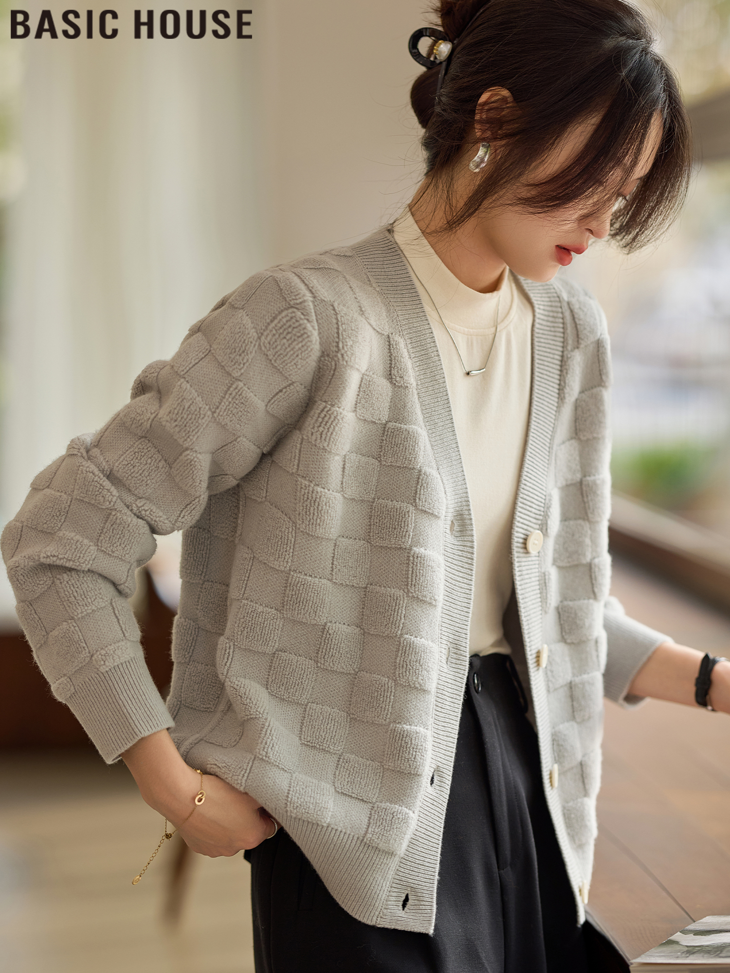 Basic House/Baijiahao Gray Plaid Wool Knit Cardigan Women's Spring and Autumn Chanel Style Sweater Outwear
