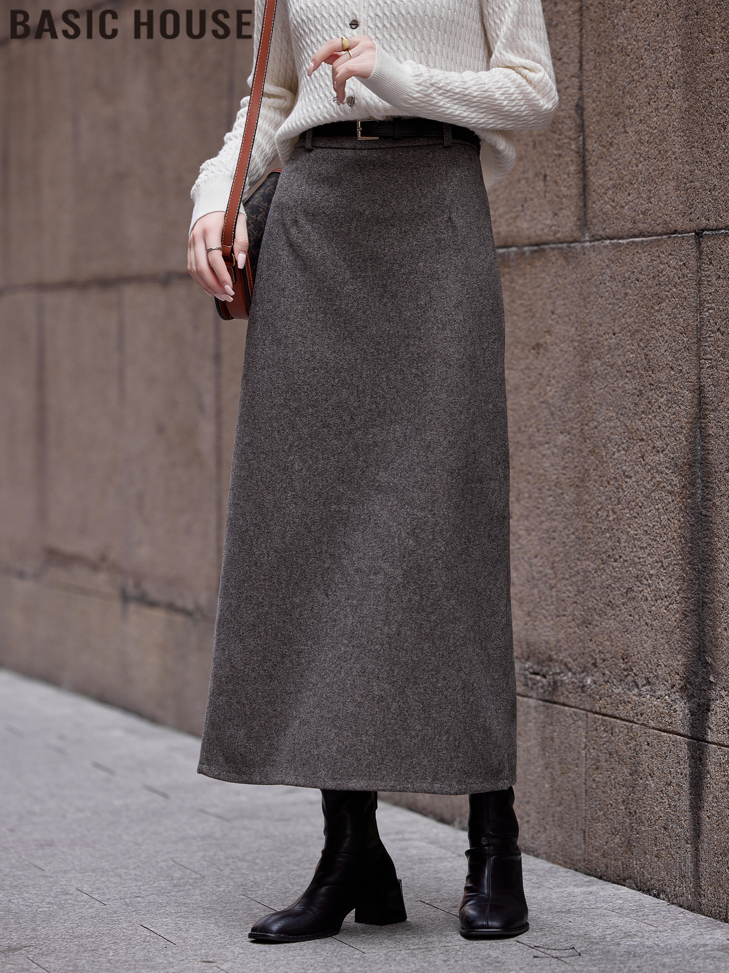 Basic House/Baijiahao Gray Woolen Suit Skirt Women's Spring Back Slit A- line Sheath Skirt
