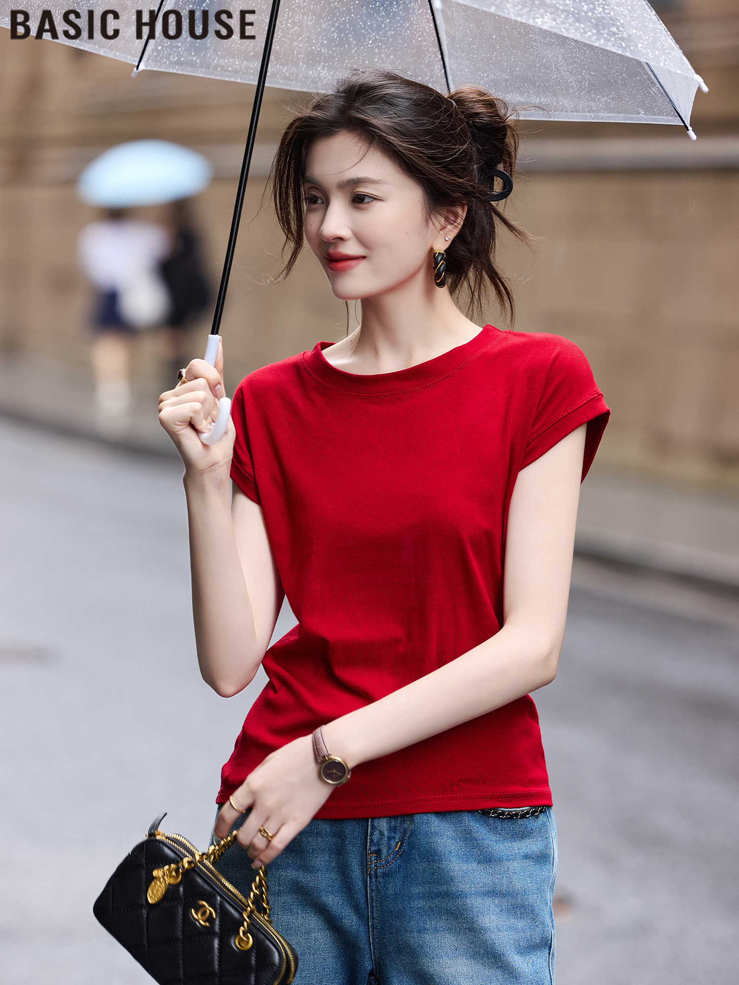 Basic House/Baijiahao Lafite Red round Neck Thin Shoulder Width Loose T-shirt Tops Female 2025 Summer New Arrival