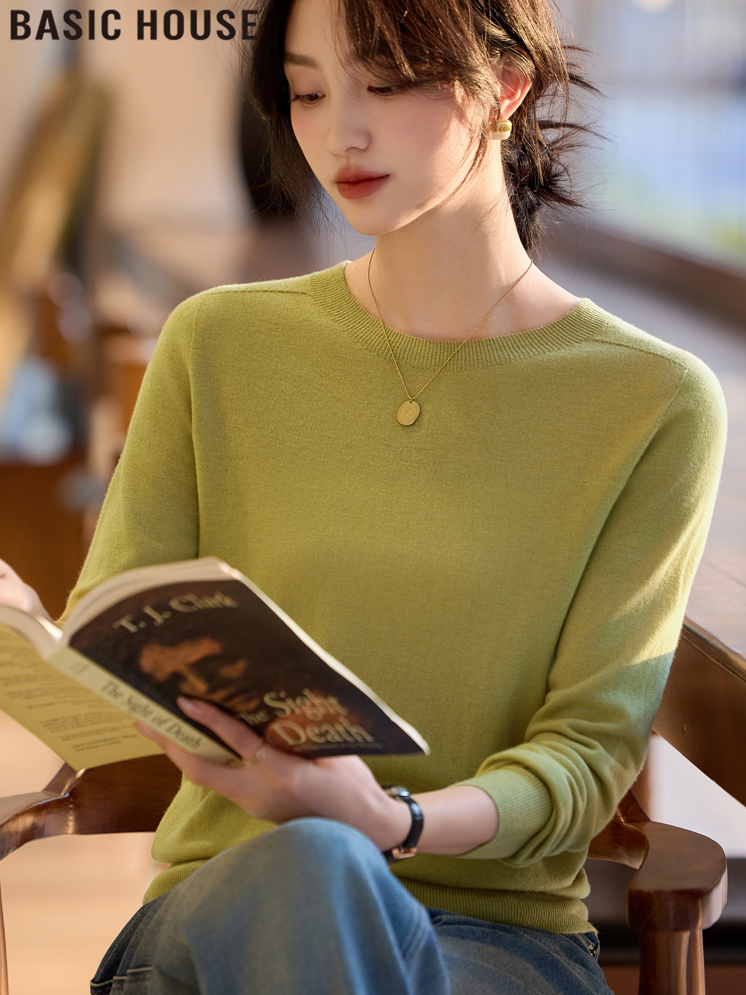 Basic House/Baijiahao Avocado Green Underwear Crew Neck Sheep Wool Knitting Bottoming Shirt for Women Spring New Arrival