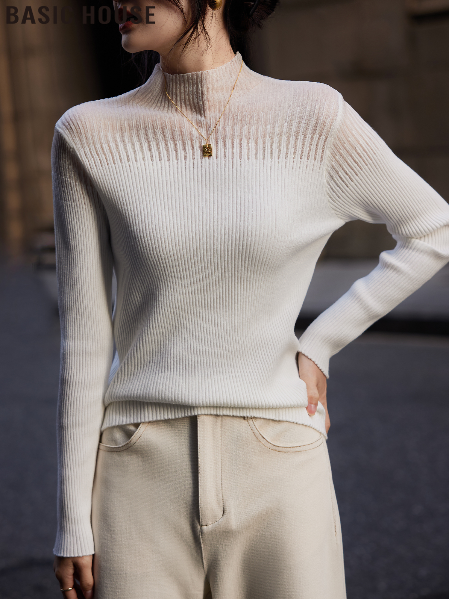 Basic House/Baijiahao Camellia White Half Turtleneck Coat Inner Wear Lace Knitting Bottoming Shirt for Women Spring and Autumn