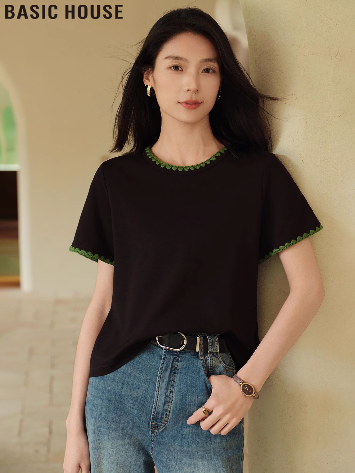 Basic House/Baijiahao Art Rhythm Embroidery Contrast Color Short Sleeve T-shirt Top Female 2025 Summer New Arrival