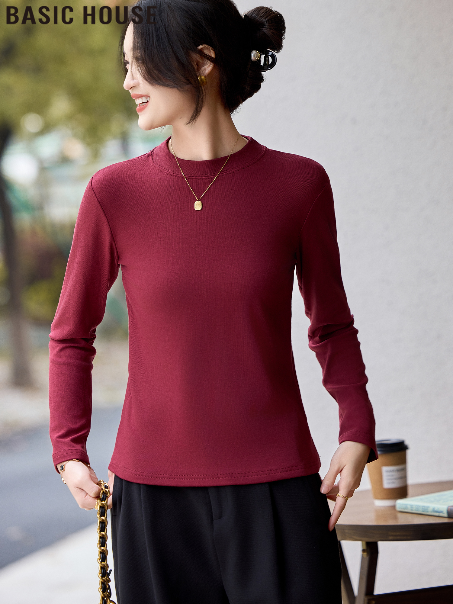 Basic House/Baijiahao New Year Red Half Turtleneck Shoulder Inner Bottoming Shirt Women's Spring 2025 New Arrival