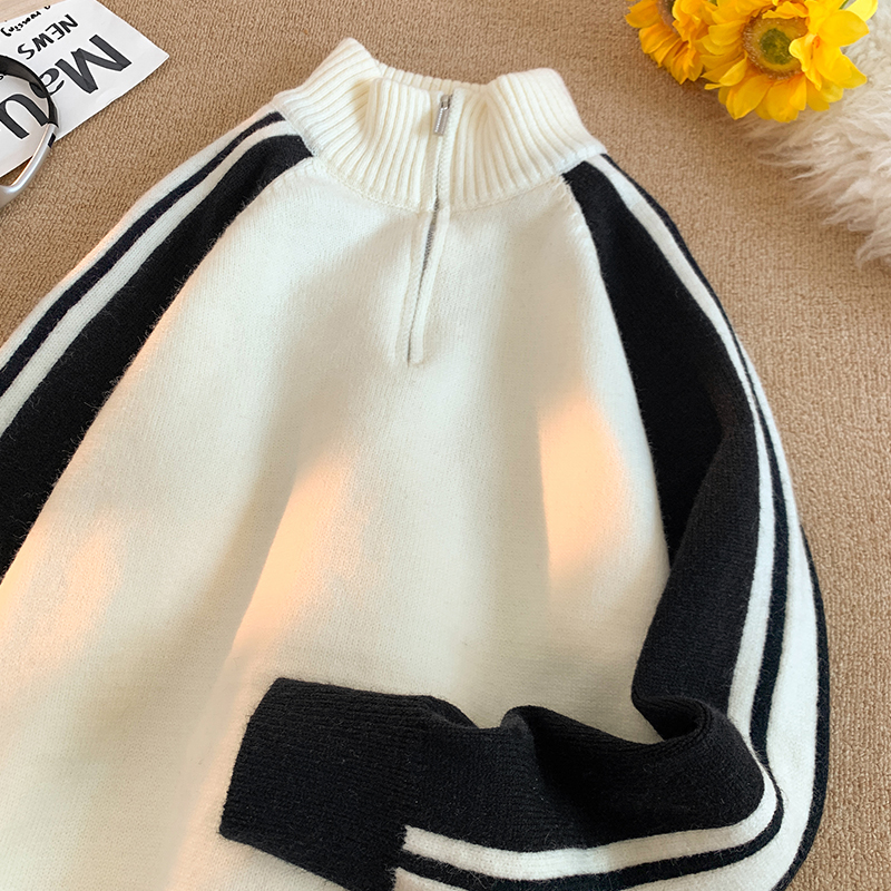 China Trendy Contrast Color Half Zipped Stand Collar Sweater Female 2025 Winter Loose Lovers Wild Comfortable Knitwear Tops