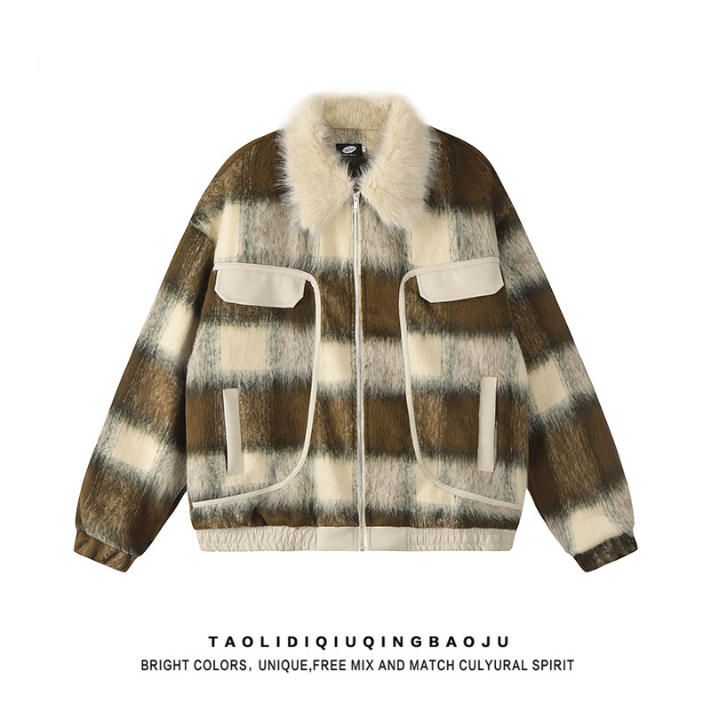 Retro Contrast Color Stripes Quilted Woolen Outwear Female 2025 New Arrival Chic Stylish Fur Collar Patchwork Thermal Cotton-Padded Clothes