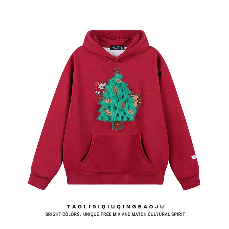 Christmas Tree Atmosphere Red Hooded Sweatshirt Female Winter Comfortable Slim Looking Easiest for Match Couple Fleece-Lined Jacket