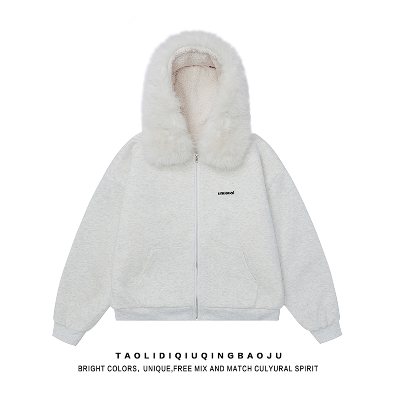 Removable Fur Collar Hoodie Fleece-lined Thickened Women Winter Small Slimming Versatile Gray Cardigan Outerwear