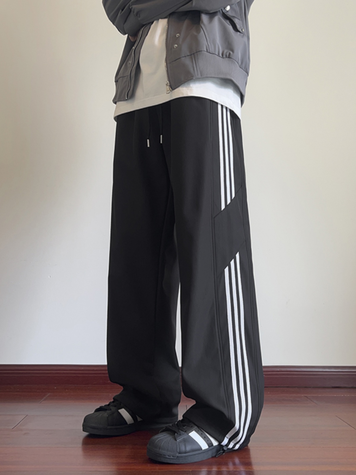 Chinese Fad American Side Striped Black Sports Pants Female Loose Street BF Easiest for Match Waterproof Fleece Straight Casual Pants