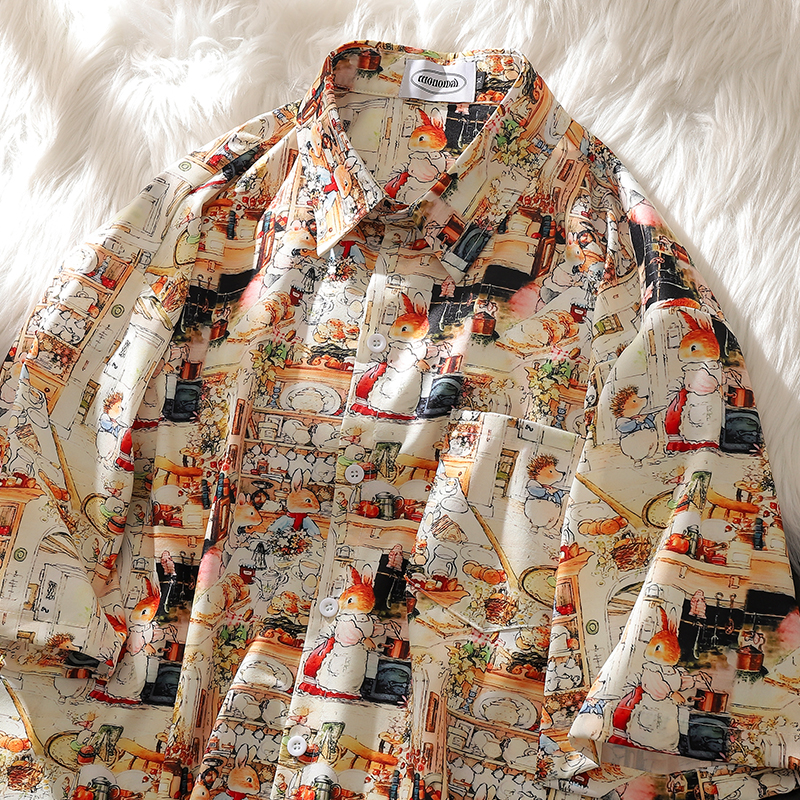 Japanese-Style Retro Oil Painting Style Cartoon Print Short-Sleeved Shirt Women's Summer Loose Casual Couple Outfit Shirt Thin Coat