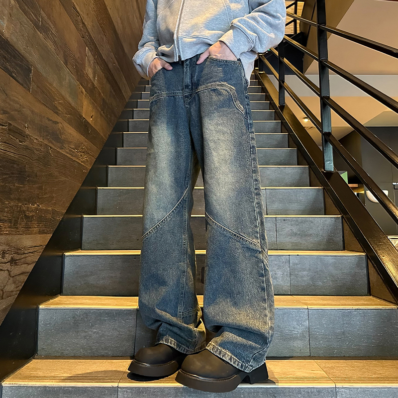 Retro Blue Washed Distressed Deconstruct Denim Female 2025 Autumn Fashion Brand Loose Couple Straight-leg All-Match Wide Leg Pants
