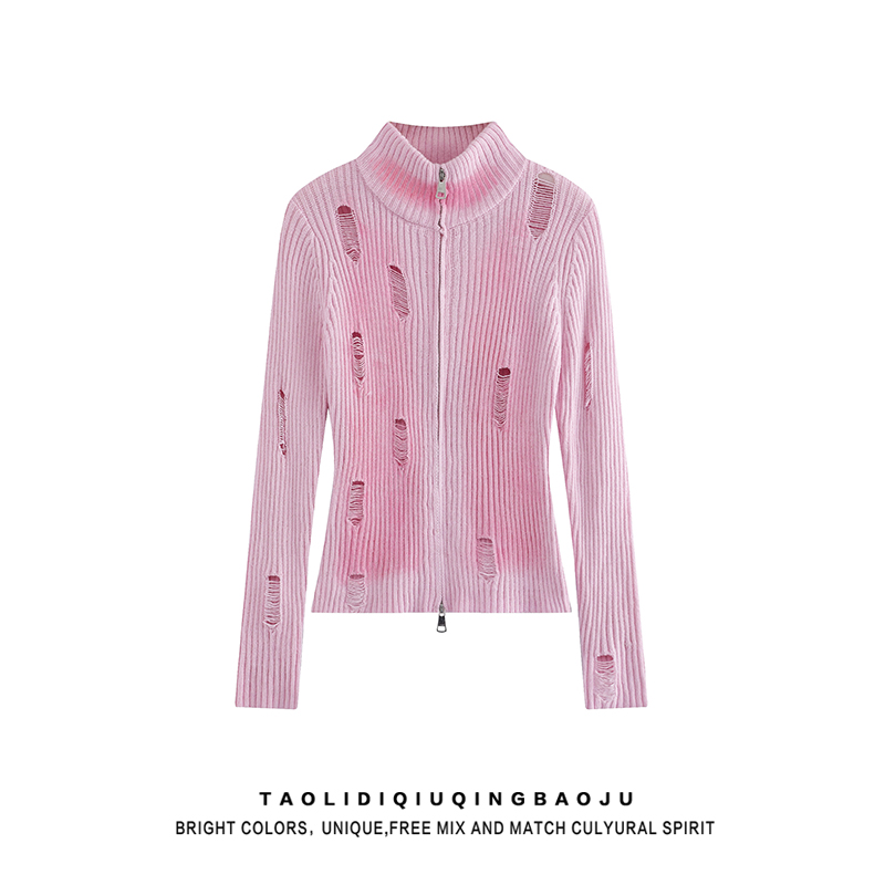 Sweet & Spicy Pink Tie-Dye Hole Sweater - Autumn Slimming Niche Chic Double Zipper Knit Cardigan
