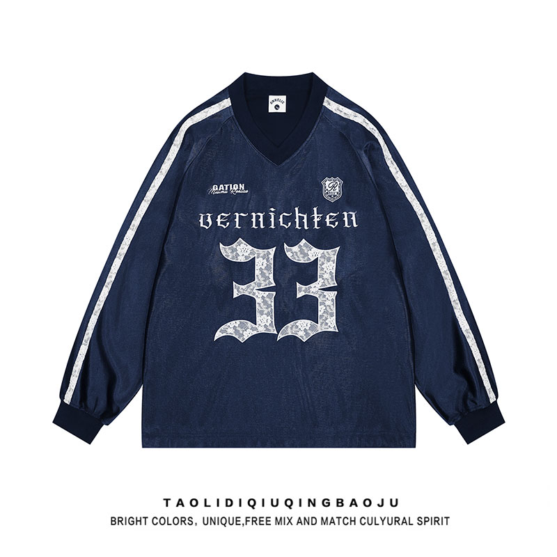 American Sports Jersey Style Satin V Neck Long Sleeves T-shirt Female Autumn Loose High Street Fashion Brand Base T-shirt Tops