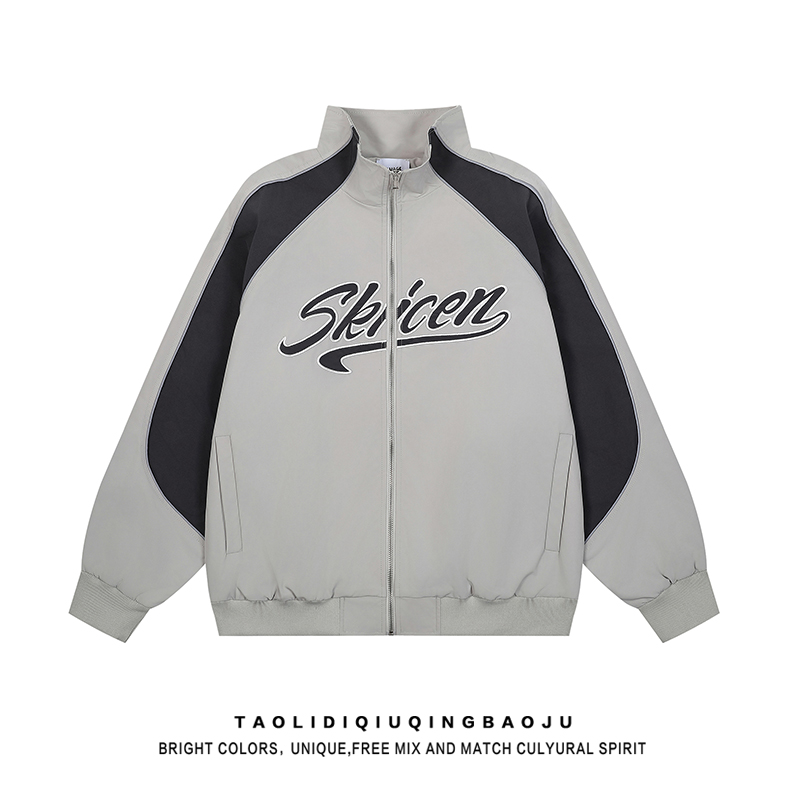 American Retro Contrast Color Letters Embroidered Stand Collar Jacket Female Autumn Fashion Brand Loose Casual Couple Sports Outwear