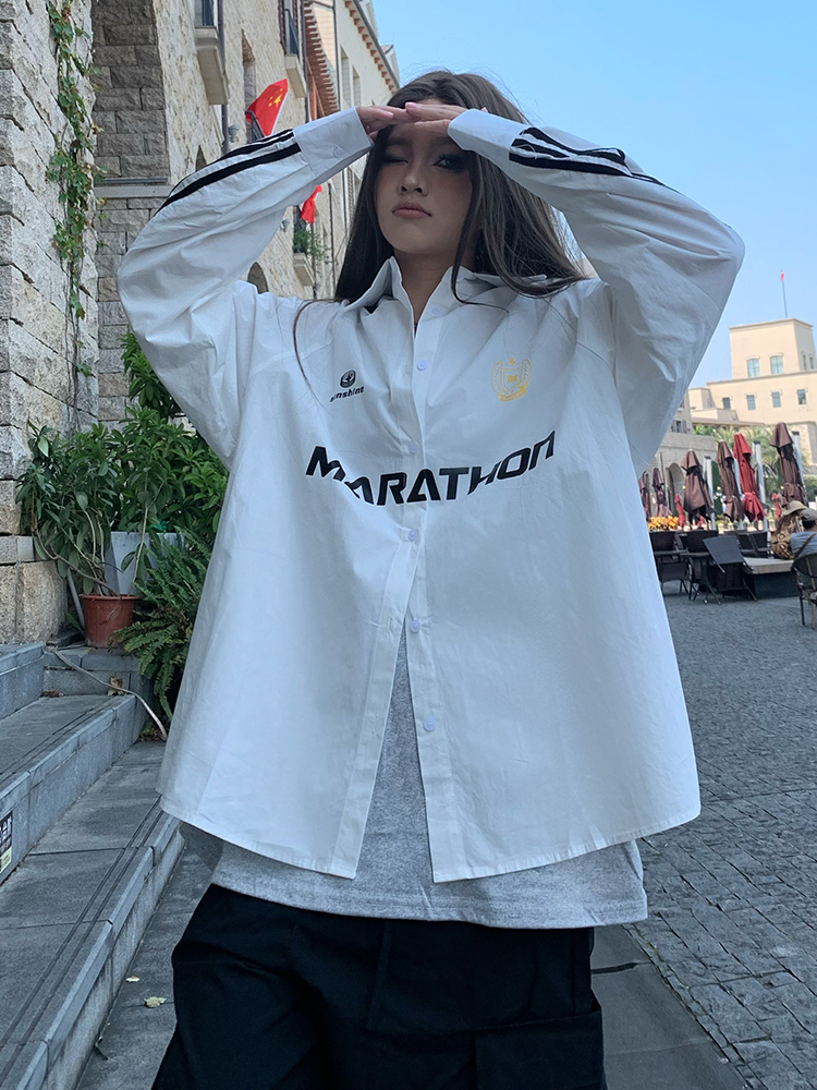 Chinese Fad American Style Side Three Bars Sports Tops Women's Autumn Loose Street Casual Couple Outer Long-Sleeves Shirt