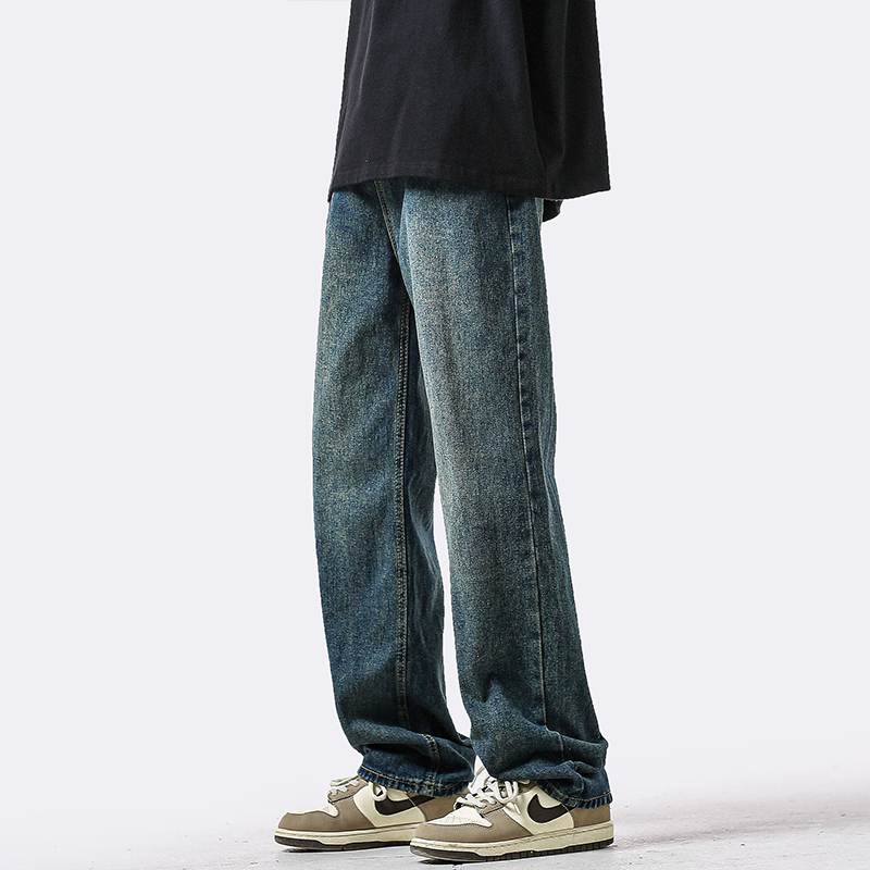 Trendy Worn Looking Washed-out Blue High Waist Straight-leg Denim