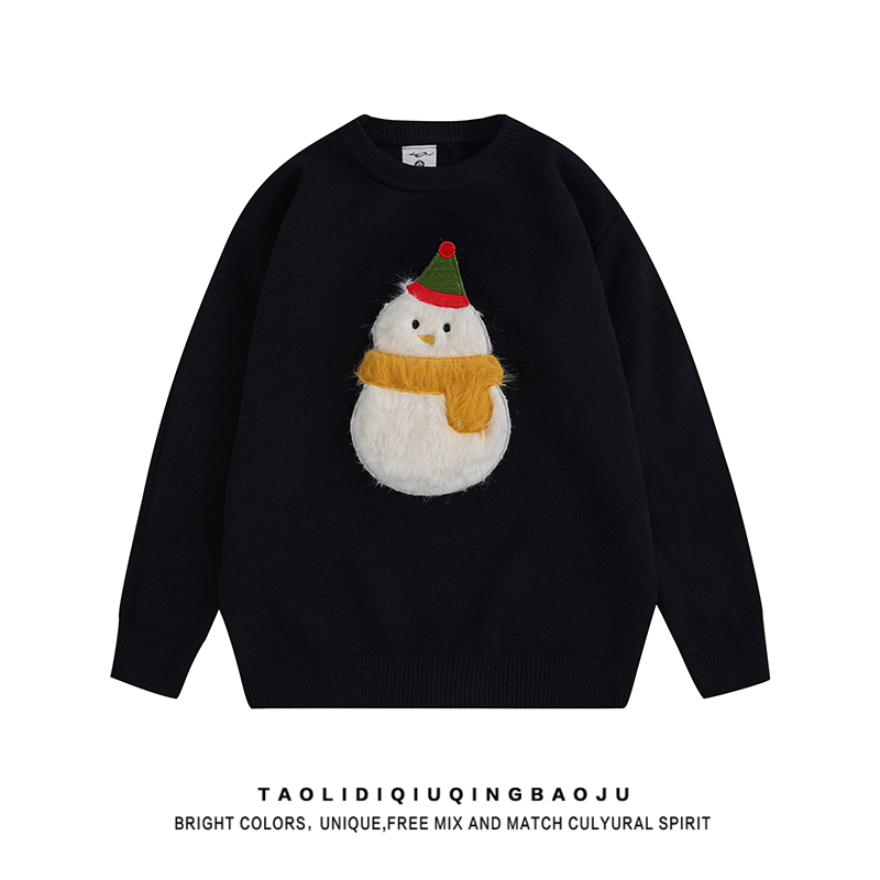 Retro Christmas Snowman Flocking Pullover Sweater Female 2025 New Lazy Wind Casual All-Matching Pullover Pullover Knitwear Winter
