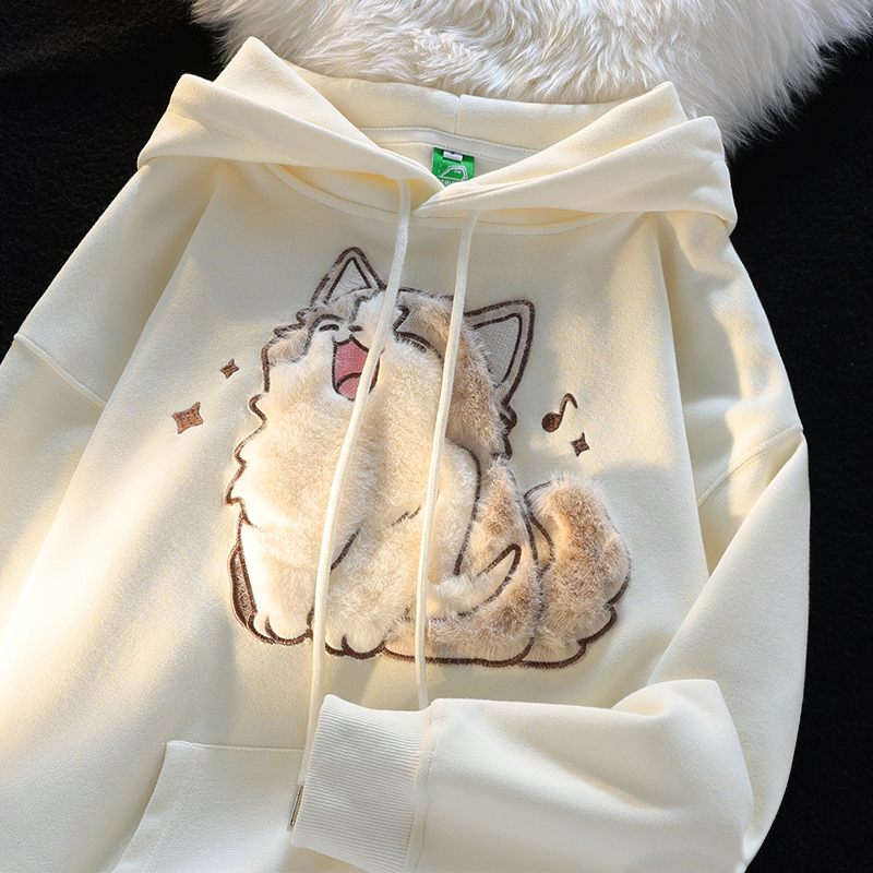 Cute Cat Three-Dimensional Flocking Loose Hooded Sweater