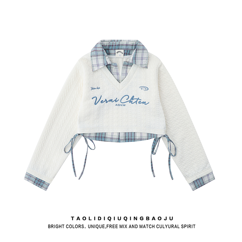 College Style Letter Fake Two-Piece Lapel Long-Sleeved Shirt Embroidery