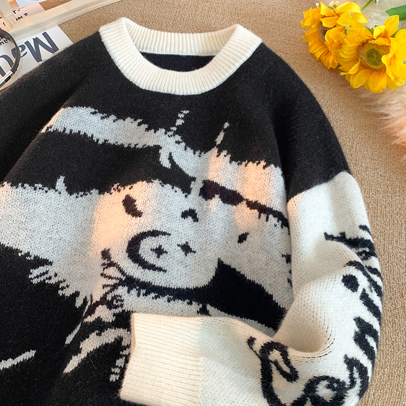 American Retro Contrast Color Jacquard round Neck Sweater Female 2025 Autumn Fashion Brand Loose Couple All-Matching Pullover Knitwear