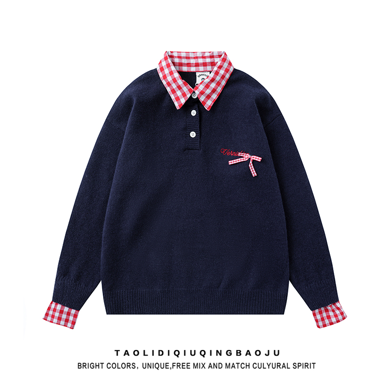 Retro Gingham Polo Collar Fake Two Pieces Sweaters Women's 2025 New Arrival Korean Idle Style Loose Slimming Sweater