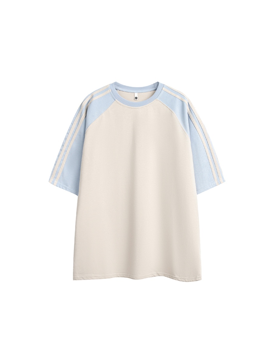 American Retro Three-Bar Color Matching Short-Sleeved T-shirt for Women Trendy Couple Loose Preppy Style Summer Raglan Sleeve Tops