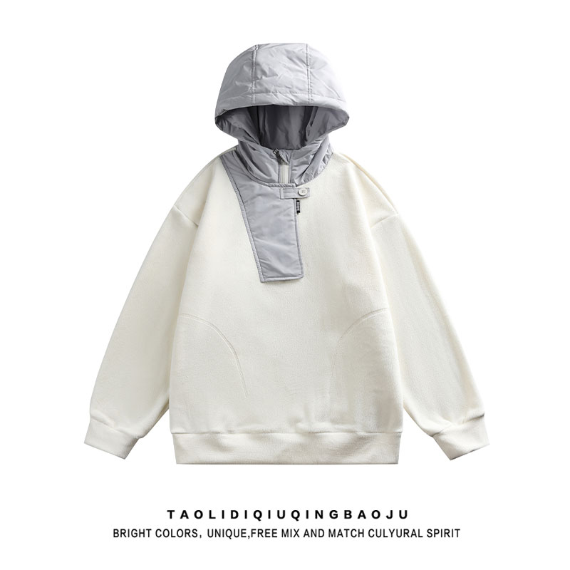 American Retro Asymmetrical Patchwork Hooded Fleece Lined Sweater Female 2025 New Arrival Winter Loose Easiest for Match Couple Coat