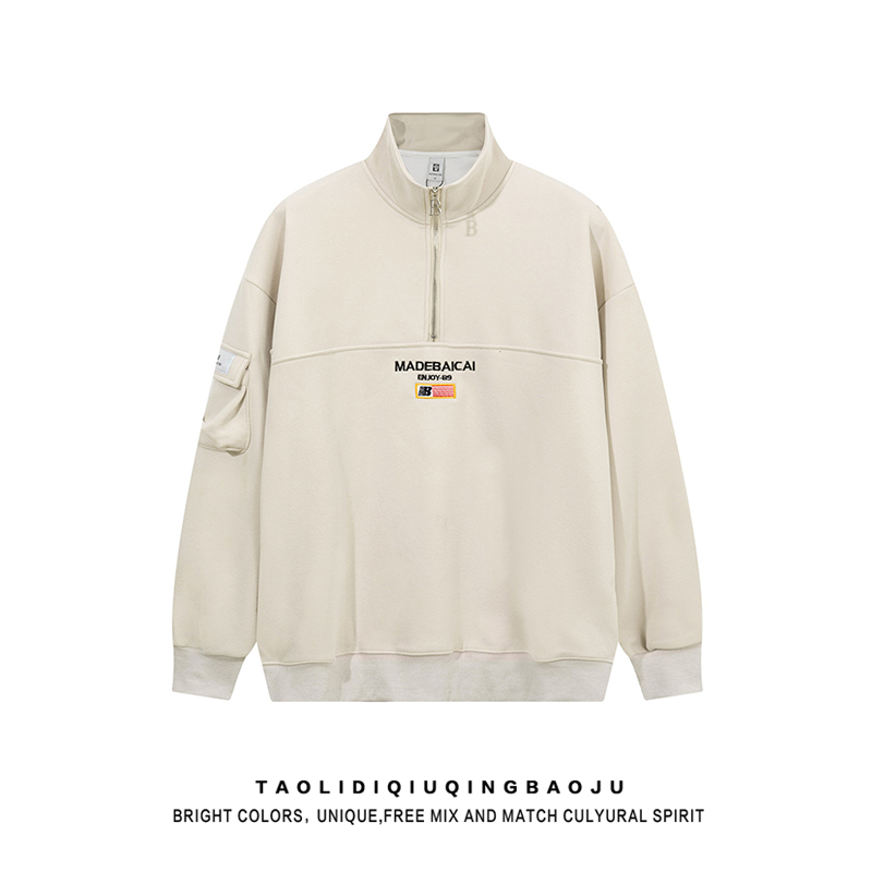 American Retro Patchwork Half Zipped Stand Collar Sweatshirt Female Autumn Fashion Brand Loose Casual Couple Fleece Lined Pullover Coat